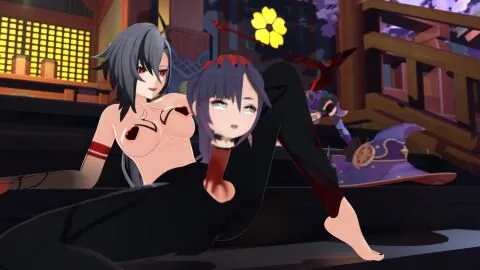 2Girls, Arlecchino (Genshin Impact) and Black Hair Futanari Scene